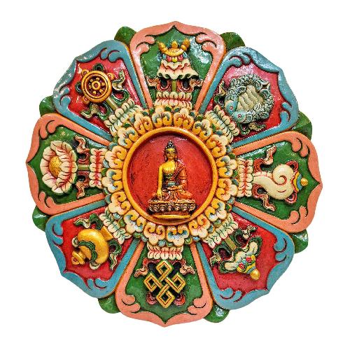 Wooden Wall Hanging, With Ashtamangala And Shakyamuni Buddha, [painted], Hand Carved