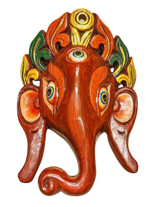 [ganesh], Handmade Wooden Mask, Wall Hanging, [painted Red], Poplar Wood