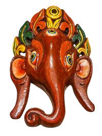 [ganesh], Handmade Wooden Mask, Wall Hanging, [painted Red], Poplar Wood