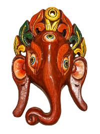 [ganesh], Handmade Wooden Mask, Wall Hanging, [painted Red], Poplar Wood