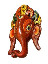 [ganesh], Handmade Wooden Mask, Wall Hanging, [painted Red], Poplar Wood