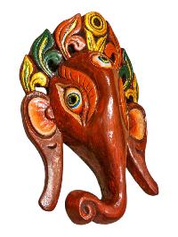 [ganesh], Handmade Wooden Mask, Wall Hanging, [painted Red], Poplar Wood