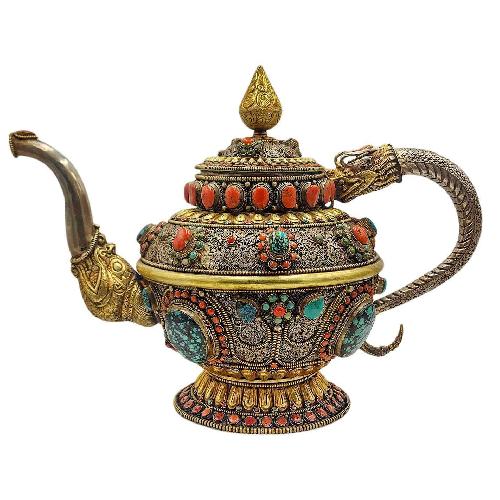 Tibetan Tea And Water Offering Vessel Water Pot Silver And Gold, [antique Finishing] And [stone Setting]