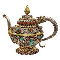 Tibetan Tea And Water Offering Vessel Water Pot Silver And Gold, [antique Finishing] And [stone Setting]