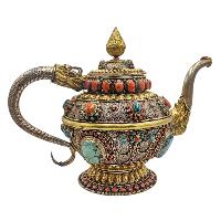 Tibetan Tea And Water Offering Vessel Water Pot Silver And Gold, [antique Finishing] And [stone Setting]