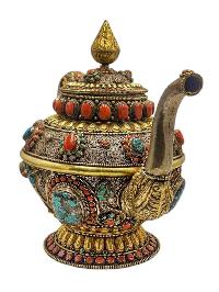 Tibetan Tea And Water Offering Vessel Water Pot Silver And Gold, [antique Finishing] And [stone Setting]