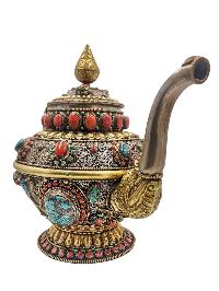 Tibetan Tea And Water Offering Vessel Water Pot Silver And Gold, [antique Finishing] And [stone Setting]