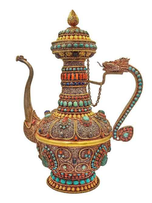 Tibetan Tea And Silver Water Offering Vessel Water Pot, [antique Finishing] And [stone Setting]