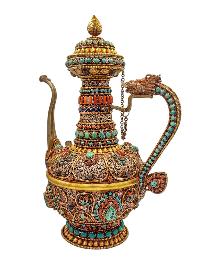 Tibetan Tea And Silver Water Offering Vessel Water Pot, [antique Finishing] And [stone Setting]