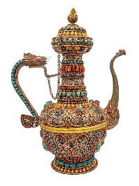 Tibetan Tea And Silver Water Offering Vessel Water Pot, [antique Finishing] And [stone Setting]