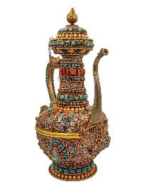 Tibetan Tea And Silver Water Offering Vessel Water Pot, [antique Finishing] And [stone Setting]