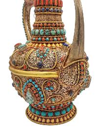 Tibetan Tea And Silver Water Offering Vessel Water Pot, [antique Finishing] And [stone Setting]