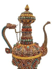 Tibetan Tea And Silver Water Offering Vessel Water Pot, [antique Finishing] And [stone Setting]