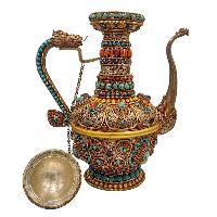 Tibetan Tea And Silver Water Offering Vessel Water Pot, [antique Finishing] And [stone Setting]