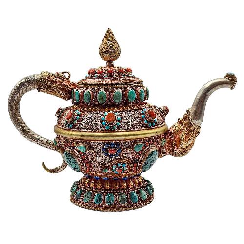 Tibetan Tea And Water Offering Vessel Water Pot, [antique Finishing] And [stone Setting]