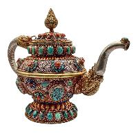 Tibetan Tea And Water Offering Vessel Water Pot, [antique Finishing] And [stone Setting]