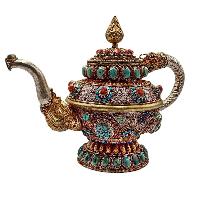Tibetan Tea And Water Offering Vessel Water Pot, [antique Finishing] And [stone Setting]