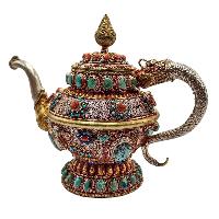 Tibetan Tea And Water Offering Vessel Water Pot, [antique Finishing] And [stone Setting]