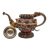 Tibetan Tea And Water Offering Vessel Water Pot, [antique Finishing] And [stone Setting]