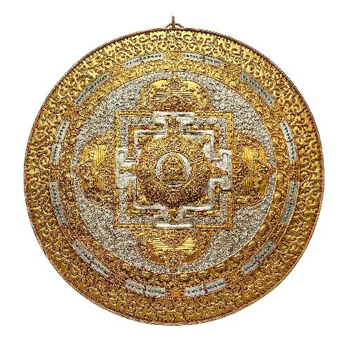 Buddhist Copper Wall Hanging, Tibetan Calendar With Mandala Design Silver And Gold Plated