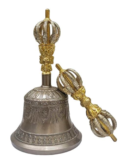 9-point Pure Bronze Bell And Vajra [dorje] Set - White Metal And Brass Mix Top Handle, Elegant And Durable Design