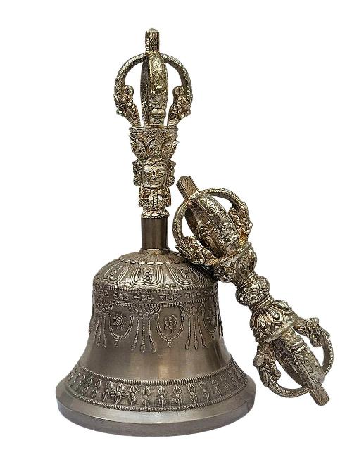 Pure Bronze Bell And Vajra [dorje] Set - White Metal Top Handle, Elegant And Durable Design