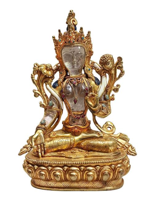 Crystal White Tara Statue With [metal - Stone Craft] - Partly Gold Plated