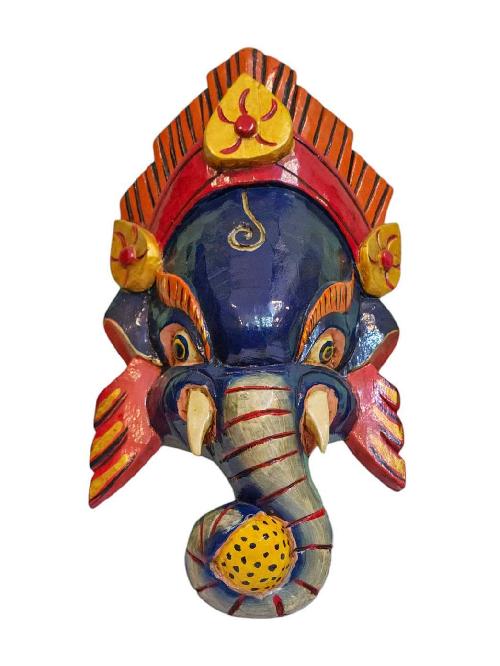 [ganesh], Handmade Wooden Mask, Wall Hanging, [painted Blue], Poplar Wood