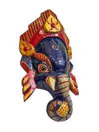 [ganesh], Handmade Wooden Mask, Wall Hanging, [painted Blue], Poplar Wood