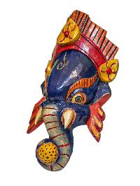 [ganesh], Handmade Wooden Mask, Wall Hanging, [painted Blue], Poplar Wood