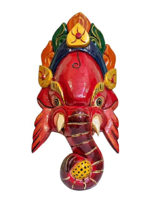 [ganesh], Handmade Wooden Mask, Wall Hanging, [painted Red], Poplar Wood