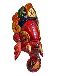 [ganesh], Handmade Wooden Mask, Wall Hanging, [painted Red], Poplar Wood