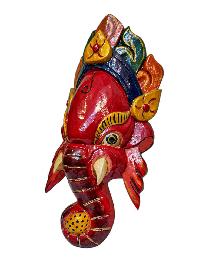 [ganesh], Handmade Wooden Mask, Wall Hanging, [painted Red], Poplar Wood