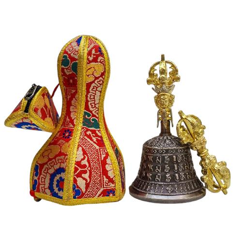 Bell And Vajra [dorje] Set With Brocade Cover - Radiant Golden Yellow Shine And “om Mani Padme Hum” Mantra Design