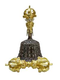 Bell And Vajra [dorje] Set With Brocade Cover - Radiant Golden Yellow Shine And “om Mani Padme Hum” Mantra Design