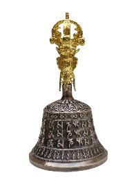 Bell And Vajra [dorje] Set With Brocade Cover - Radiant Golden Yellow Shine And “om Mani Padme Hum” Mantra Design
