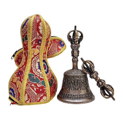 Antique-finish Bell And Vajra Set With Brocade Cover - High-quality Ritual Artifact