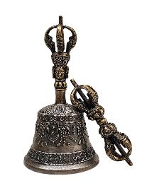 Antique-finish Bell And Vajra Set With Brocade Cover - High-quality Ritual Artifact