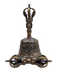 Antique-finish Bell And Vajra Set With Brocade Cover - High-quality Ritual Artifact