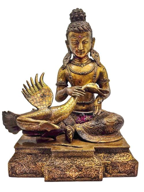 [siddhartha Healing Injured Swan], Buddhist Handmade Statue, [gold Plated], [antique Finishing] And [high Quality]
