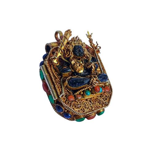 [silver] Tibetan Ghau Box With [manjushri], [gold Plated] And [stone Setting]