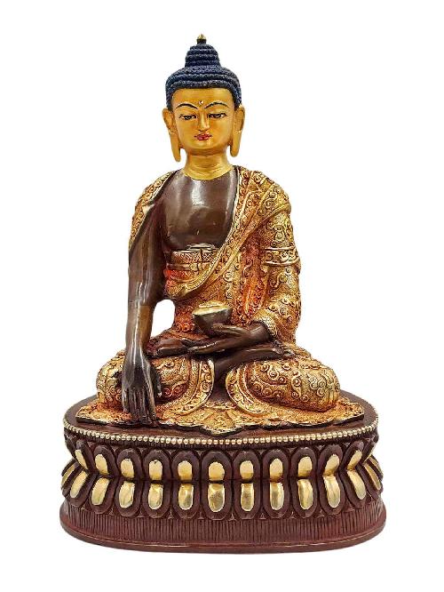 [shakyamuni Buddha], Buddhist Handmade Statue, [half Gold Plated And Chocolate Oxidized], [face Painted, [antique Look] And [high Quality]