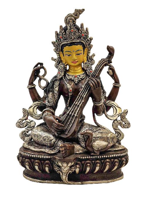 [saraswati], Buddhist Handmade Statue, [silver And Chocolate Oxidized], [face Painted] And [high Quality]