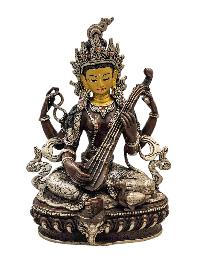[saraswati], Buddhist Handmade Statue, [silver And Chocolate Oxidized], [face Painted] And [high Quality]