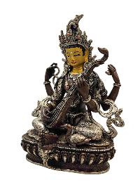[saraswati], Buddhist Handmade Statue, [silver And Chocolate Oxidized], [face Painted] And [high Quality]