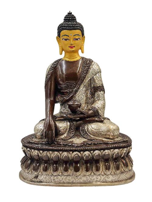 [shakyamuni Buddha], Buddhist Handmade Statue, [silver And Chocolate Oxidized], [face Painted] And [high Quality]