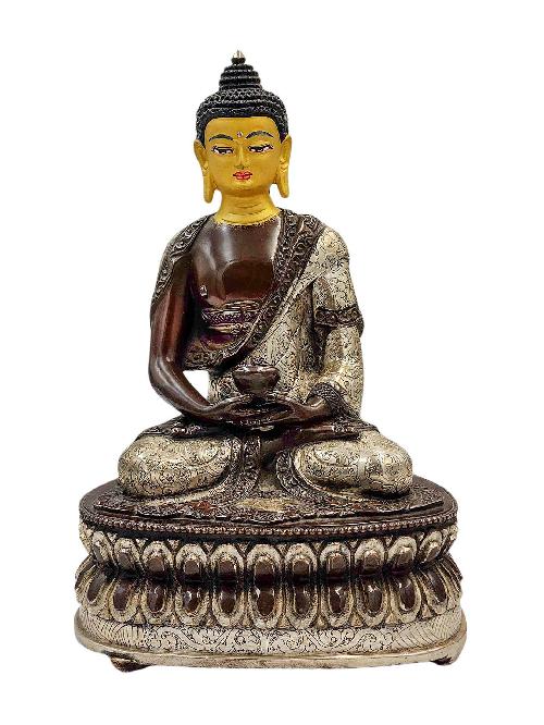 [amitabha Buddha], Buddhist Handmade Statue, [silver And Chocolate Oxidized], [face Painted] And [high Quality]