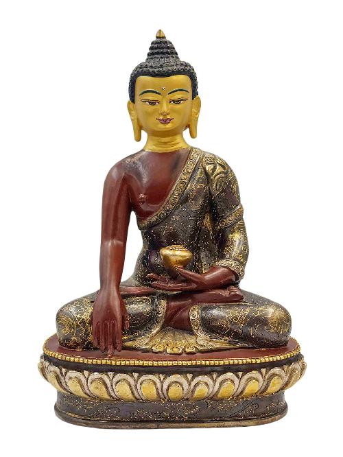 [shakyamuni Buddha], Buddhist Handmade Statue, [chocolate Oxidized And Partly Gold Plated], [face Painted] And [high Quality]