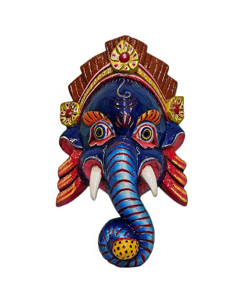 [ganesh], Handmade Wooden Mask, Wall Hanging, [blue Color], Poplar Wood