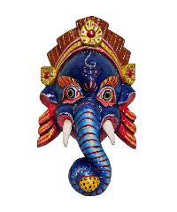 [ganesh], Handmade Wooden Mask, Wall Hanging, [blue Color], Poplar Wood